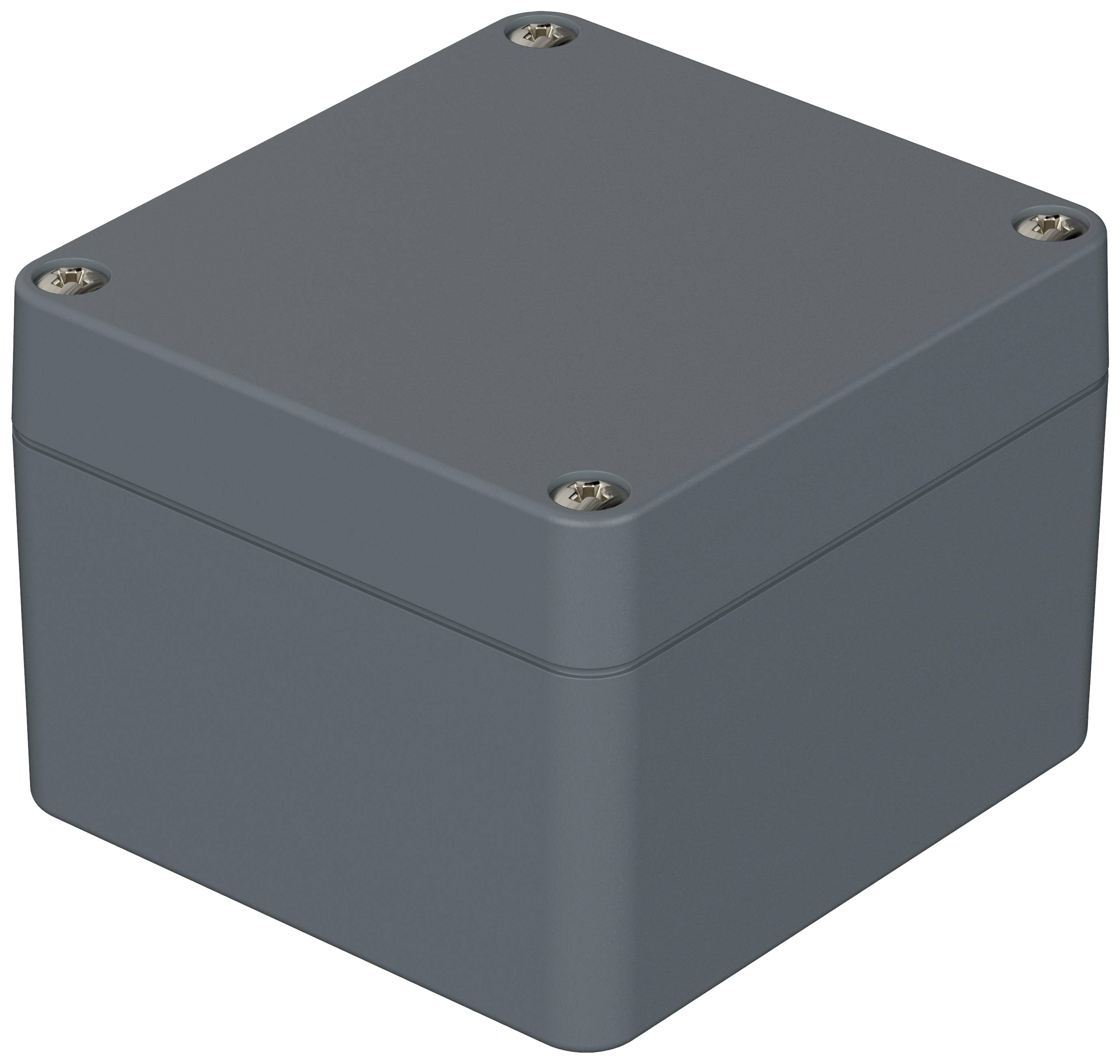 Graues quadratisches Gehäuse mit vier Schrauben an den Ecken, geeignet für Elektronik oder Verkabelung.