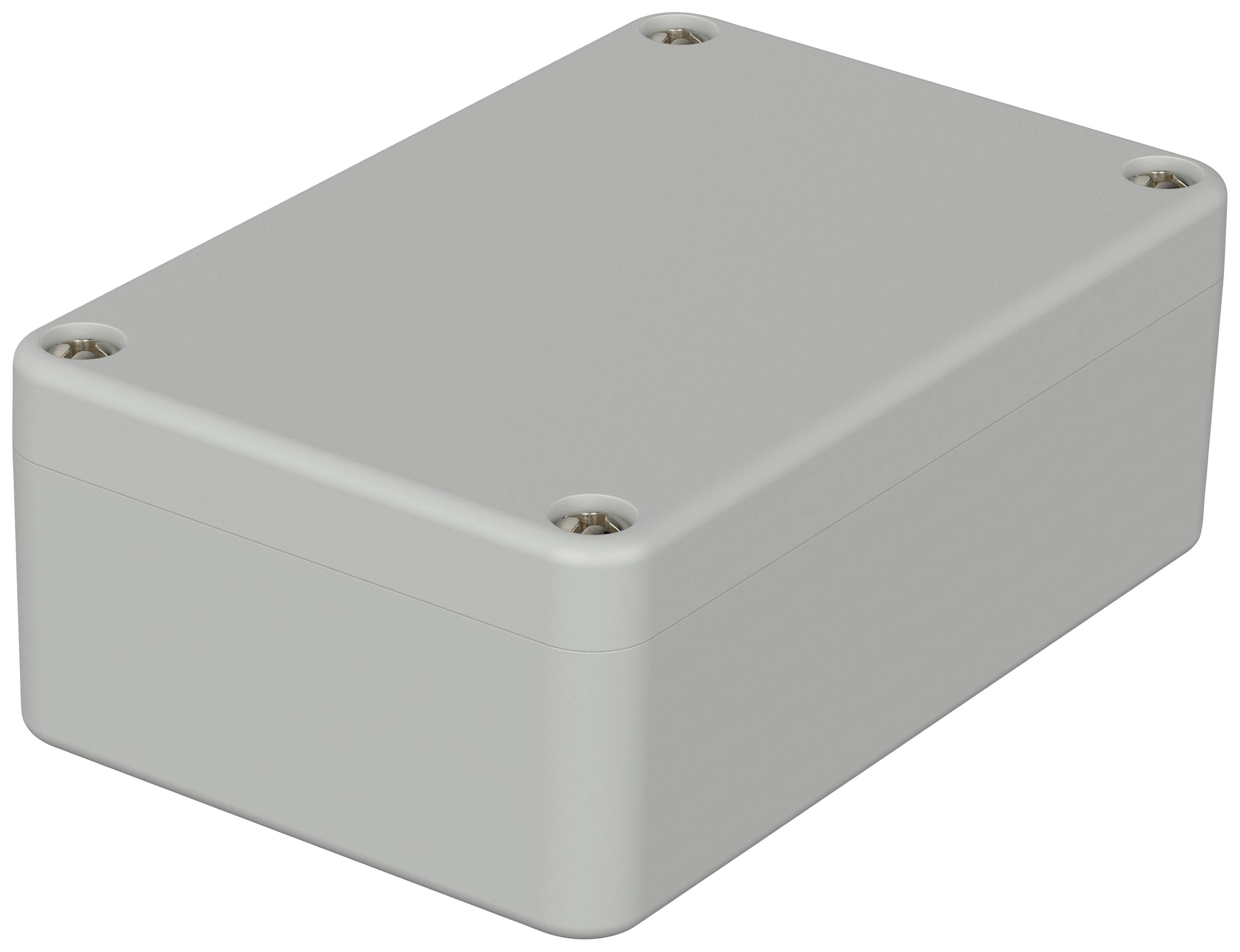 Grau-schwarzes rechteckiges Gehäuse ohne sichtbare Markierungen, geeignet für elektronische Bauteile.