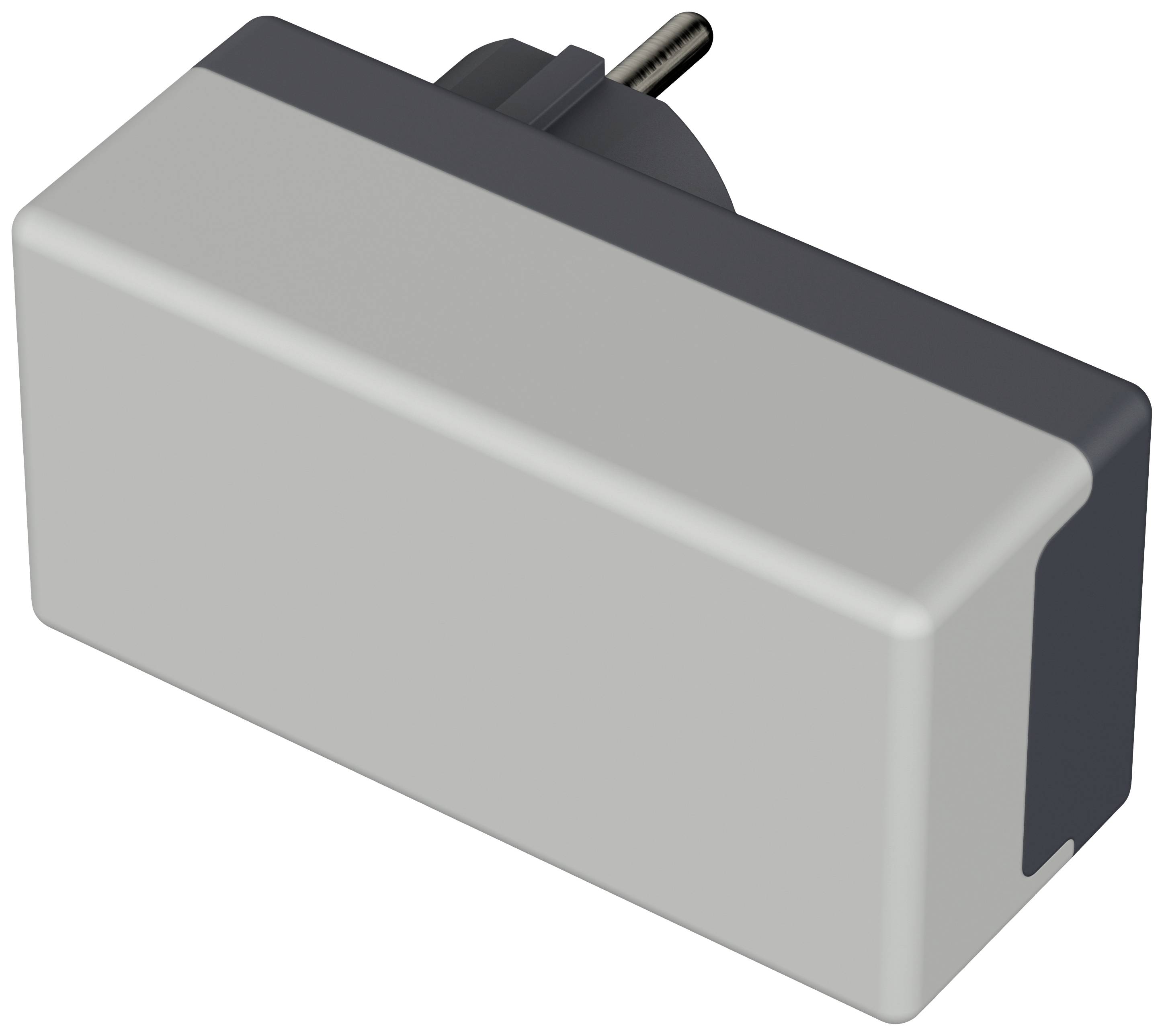 Ein rechteckiger, zweifarbiger Adapterstecker, der in eine Steckdose gesteckt werden kann.