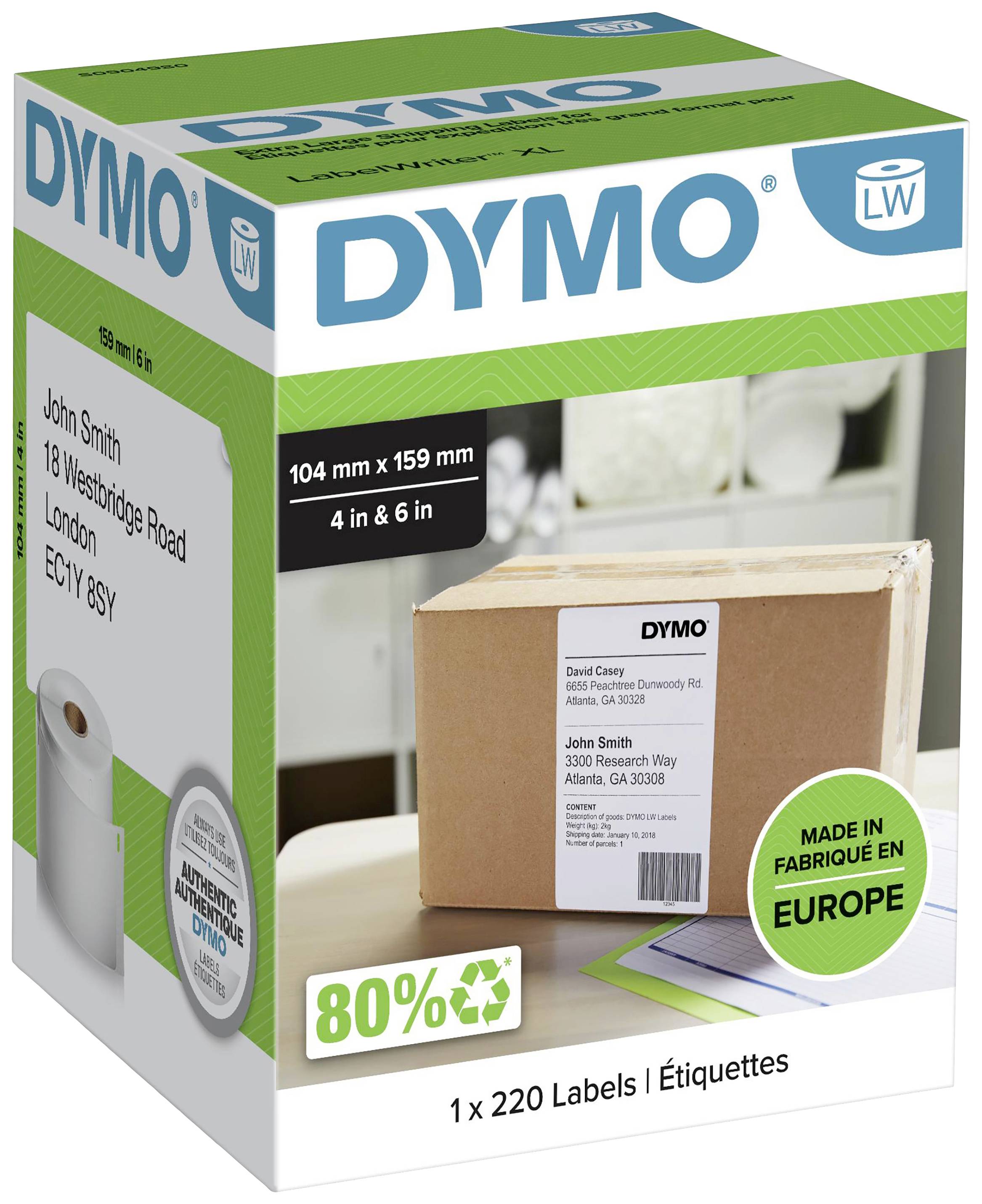 Produktverpackung für DYMO-Etiketten. Zeigt eine Box mit Adressetikett, Text '80% umweltfreundlich' und 'Made in Europe'. Enthält 220 Etiketten.