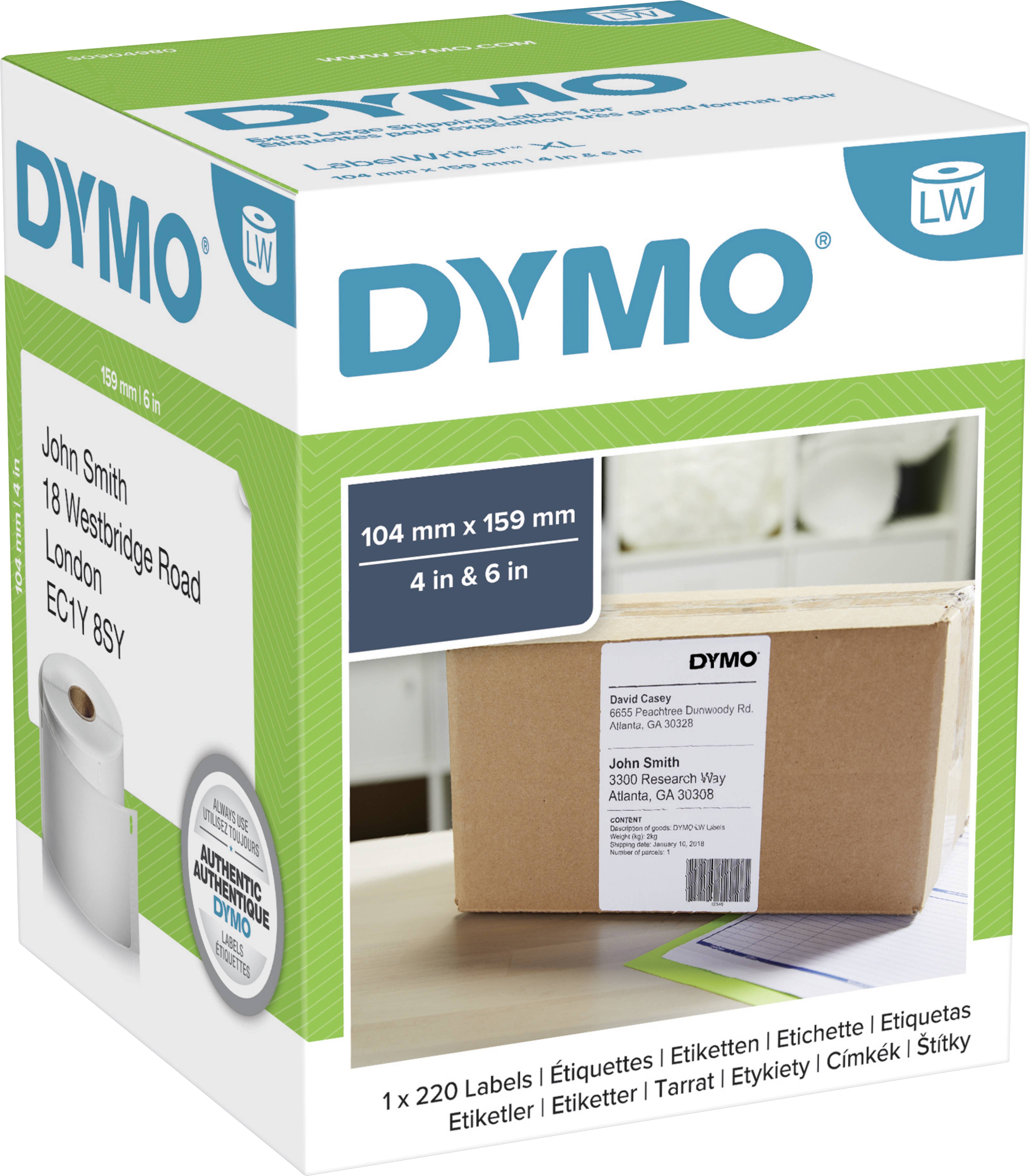 Schachtel mit DYMO-Etiketten, zeigt ein gedrucktes Adressetikett auf einem Paket. Maße: 104 mm x 159 mm (4 in x 6 in).