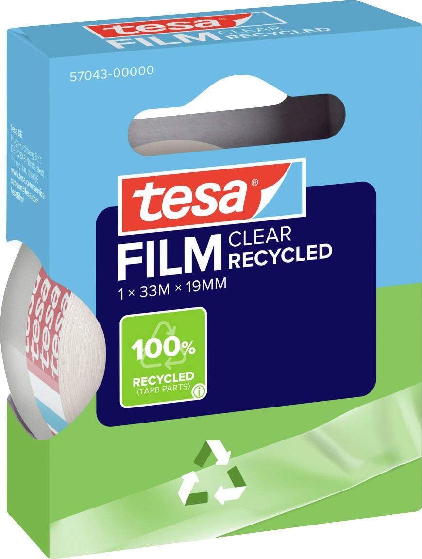 Packung tesa Film Clear Recycled Klebeband, Größe 33m x 19mm, mit Hervorhebung von 100% recycelten Bandteilen mit grün-blauem Design.