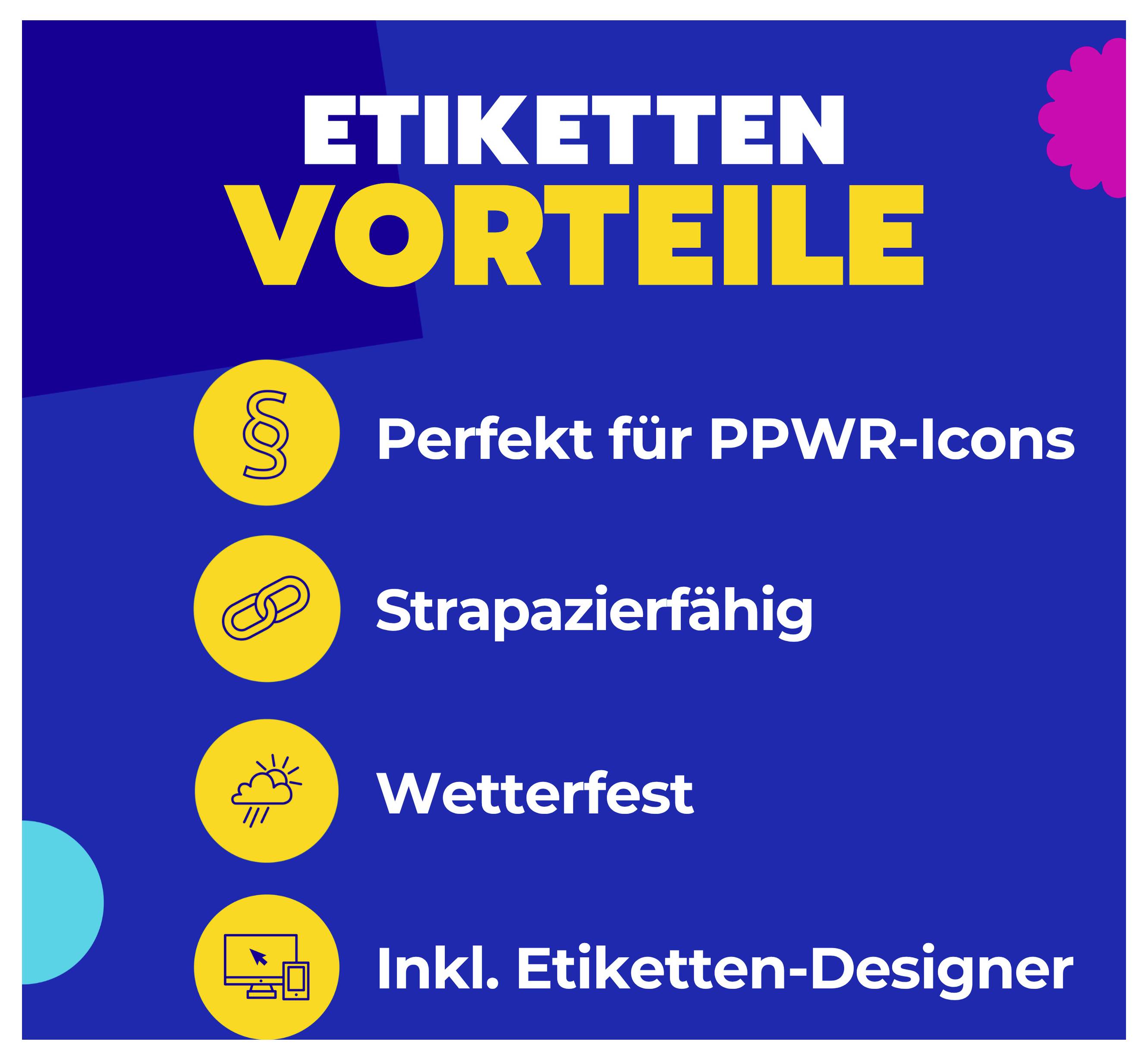 Infografik zu Etiketten-Vorteilen: 'Perfekt für PPWR-Icons', strapazierfähig, wetterfest und inkl. Etiketten-Designer.