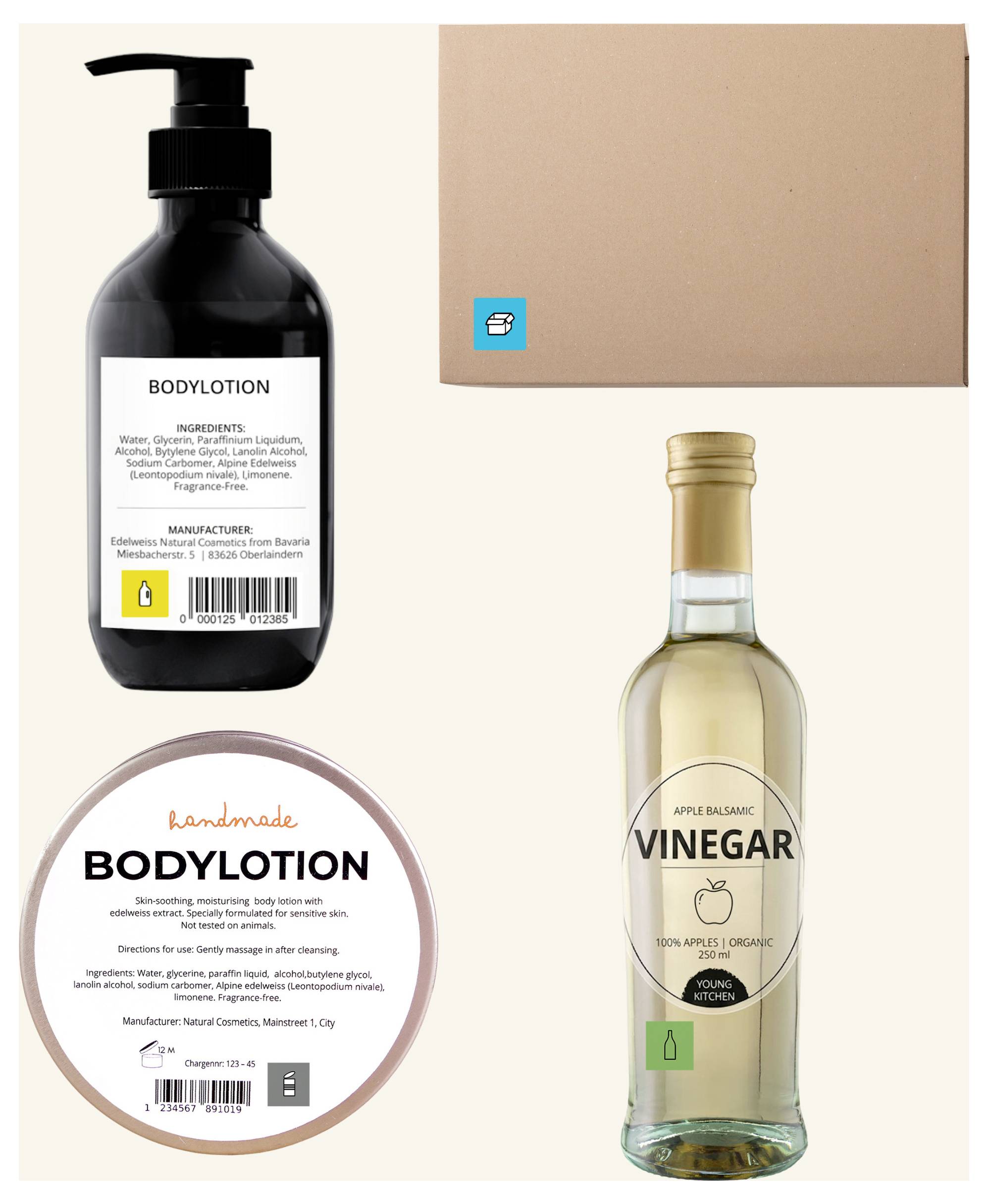 Vier Produktverpackungen auf hellem Hintergrund: schwarze Bodylotion-Flasche, braune Box, runde Bodylotion-Dose und Flasche mit 'Apple Balsamic Vinegar'.