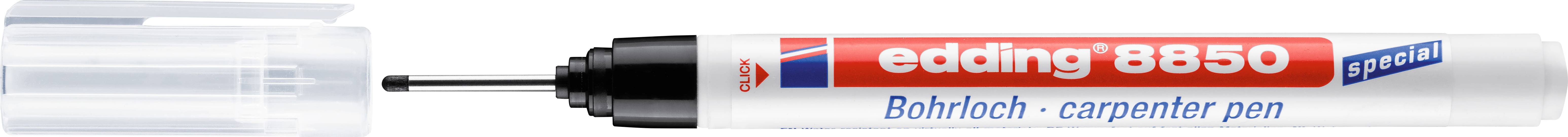 Ein weißer Stift mit roter Aufschrift 'edding 8850 Bohrrloch - carpenter pen', feine Spitze, durchsichtige Kappe, für präzises Markieren.