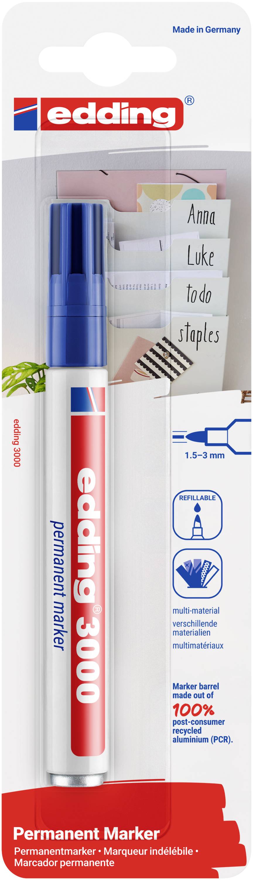 Edding 3000 4-3000-1-1003 Permanentmarker Blau wasserfest: Ja