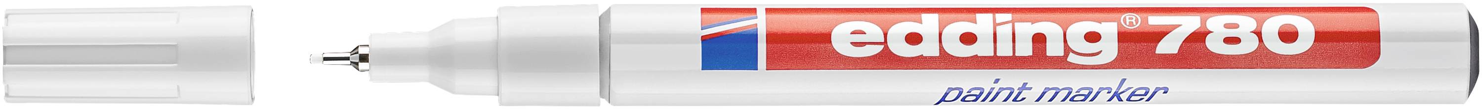 Weißer Edding 780 Lackmarker mit silbernem Schaft, rotem Etikett und weißer Kappe, horizontal auf weißem Hintergrund dargestellt.