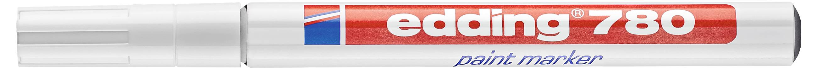 Ein Silber-Lackmarker mit der Bezeichnung "edding 780" mit einer roten Kappe und einem blau-roten Logo auf dem Schaft.