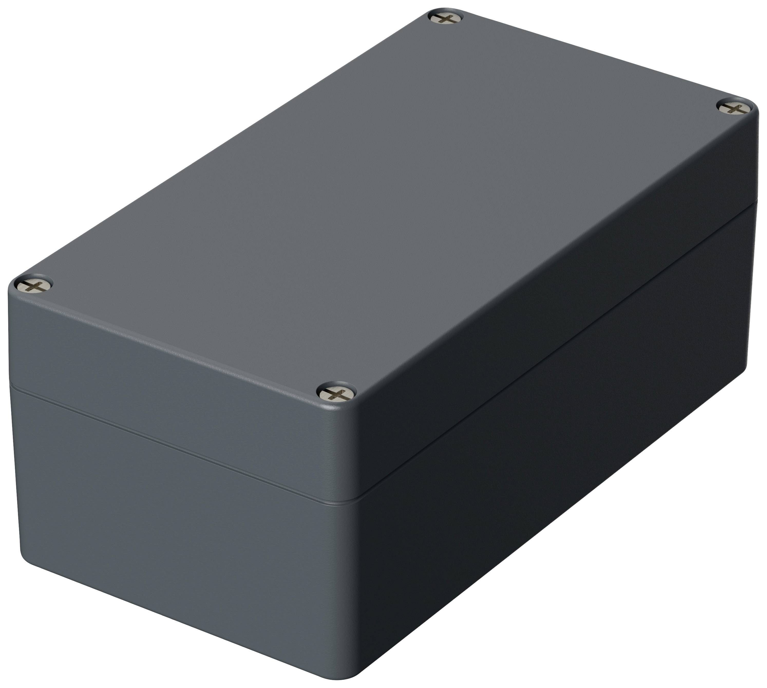 Graues, rechteckiges Gehäuse mit abgerundeten Kanten und Schrauben an den Ecken.