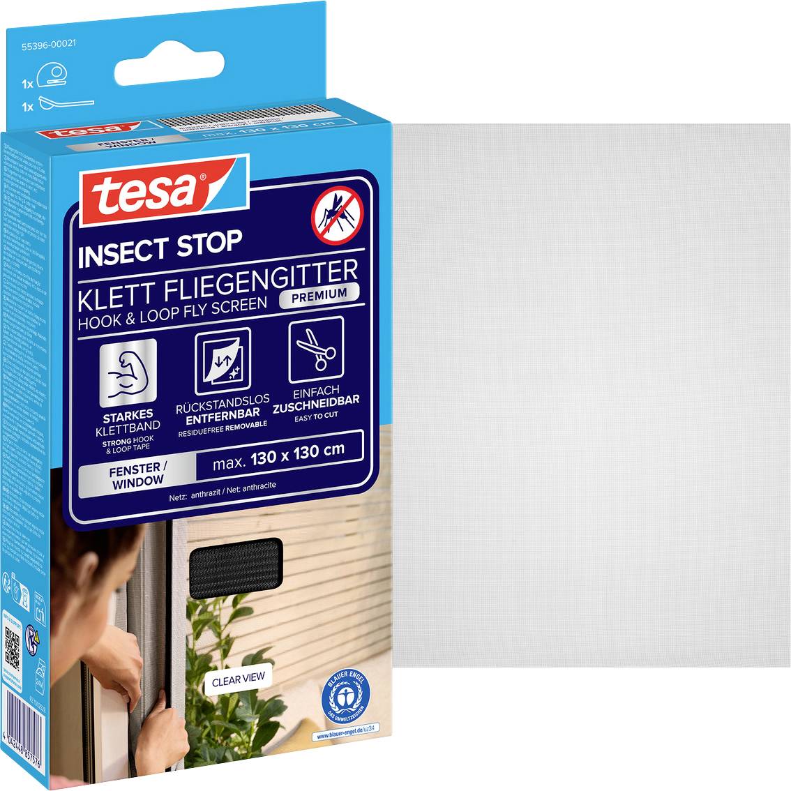 Verpackung für tesa Insect Stop Klettfliegengitter, das ein Fenstermaschengewebe für einfachen, abnehmbaren Insektenschutz zeigt.