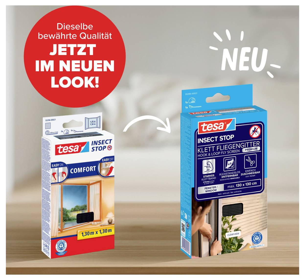 Produktanzeige zeigt tesa-Fliegengitter-Verpackungsumgestaltung: alte weiße Box auf der linken Seite wechselt zu neuer blauer 'NEU'-Box auf der rechten Seite, mit Pfeil und deutschem Text 'Derselbe bewährte Qualität JETZT IM NEUEN LOOK!'