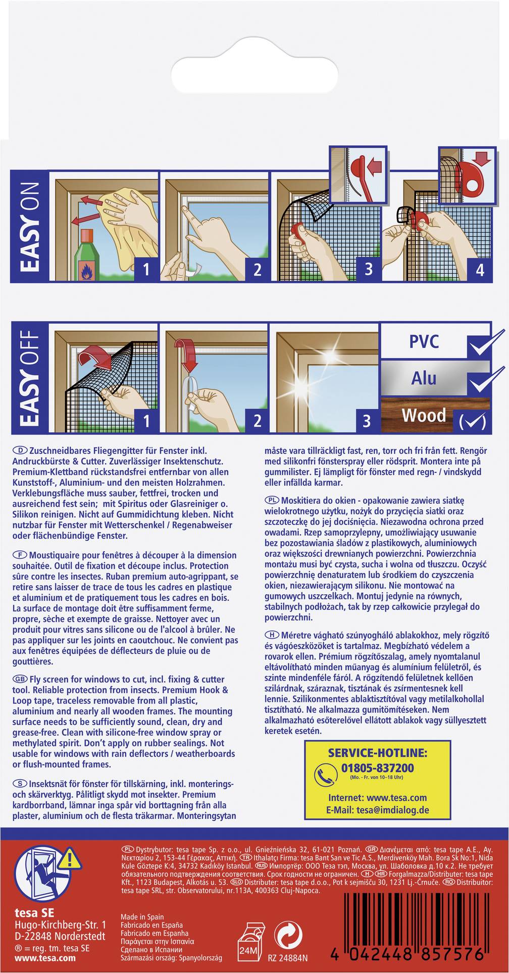 Anleitung zur Anbringung eines Fliegengitters an einem Fensterrahmen aus Holz. Schritte: Reinigen, Klebeband anbringen, Gitter befestigen, überschüssiges Material abschneiden.
