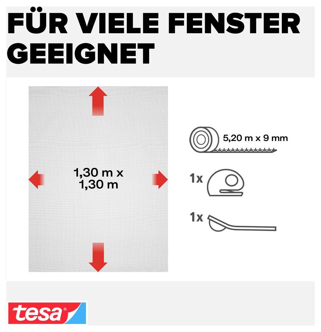# Deutsche tesa-Produktgrafik: „FÜR VIELE FENSTER GEEIGNET