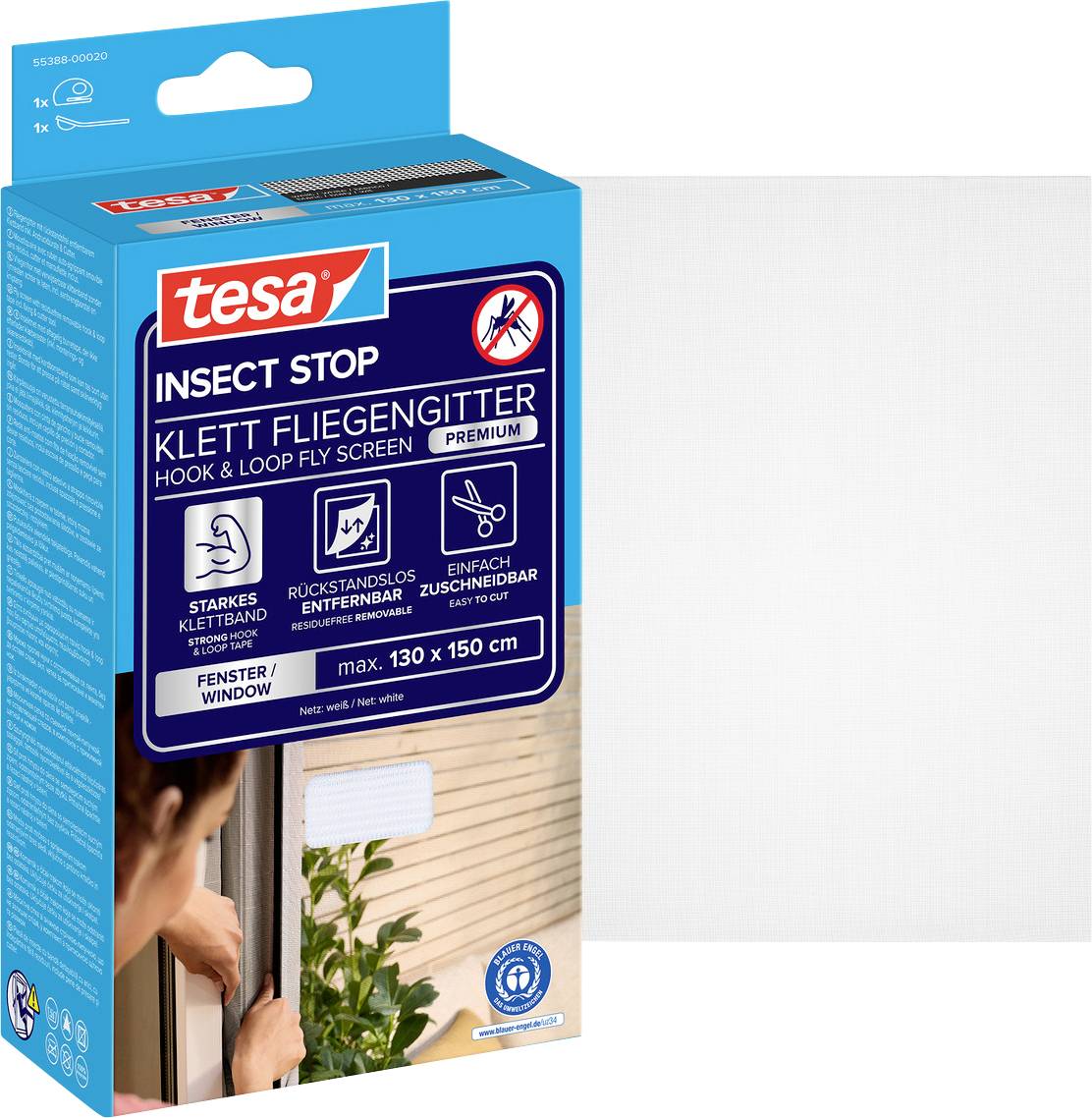 Tesa Insect Stop Klettband-Fliegengitter-Set in einer blauen Schachtel, mit weißem Netz daneben abgebildet und eine Fensteranwendung auf der Verpackung dargestellt.
