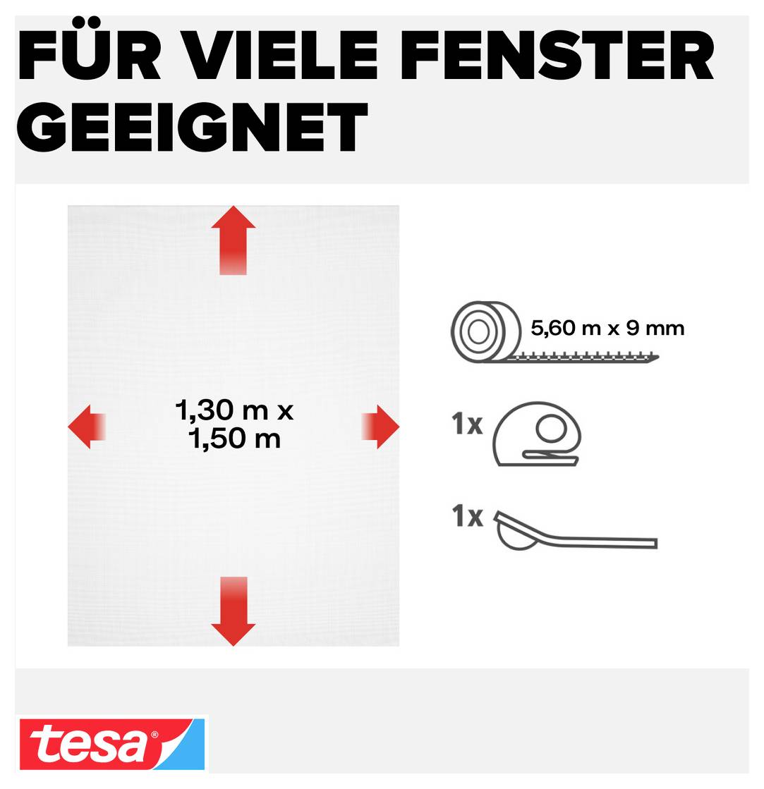 Tesa Insect Stop Serie Verpackung für Insektenschutzgitter und Fliegengitter, zeigt sechs Produktboxen und ein Symbol für keine Insekten.
