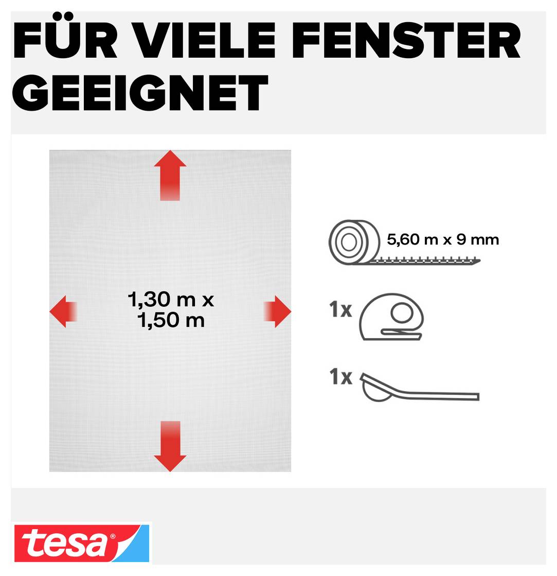 Deutsches Produktgrafik für ein Fenster-Insektenschutzset, das für viele Fenster geeignet ist, Größe 1,30 m x 1,50 m, mit 5,60 m x 9 mm Klebeband, eine Rolle und ein Werkzeug.