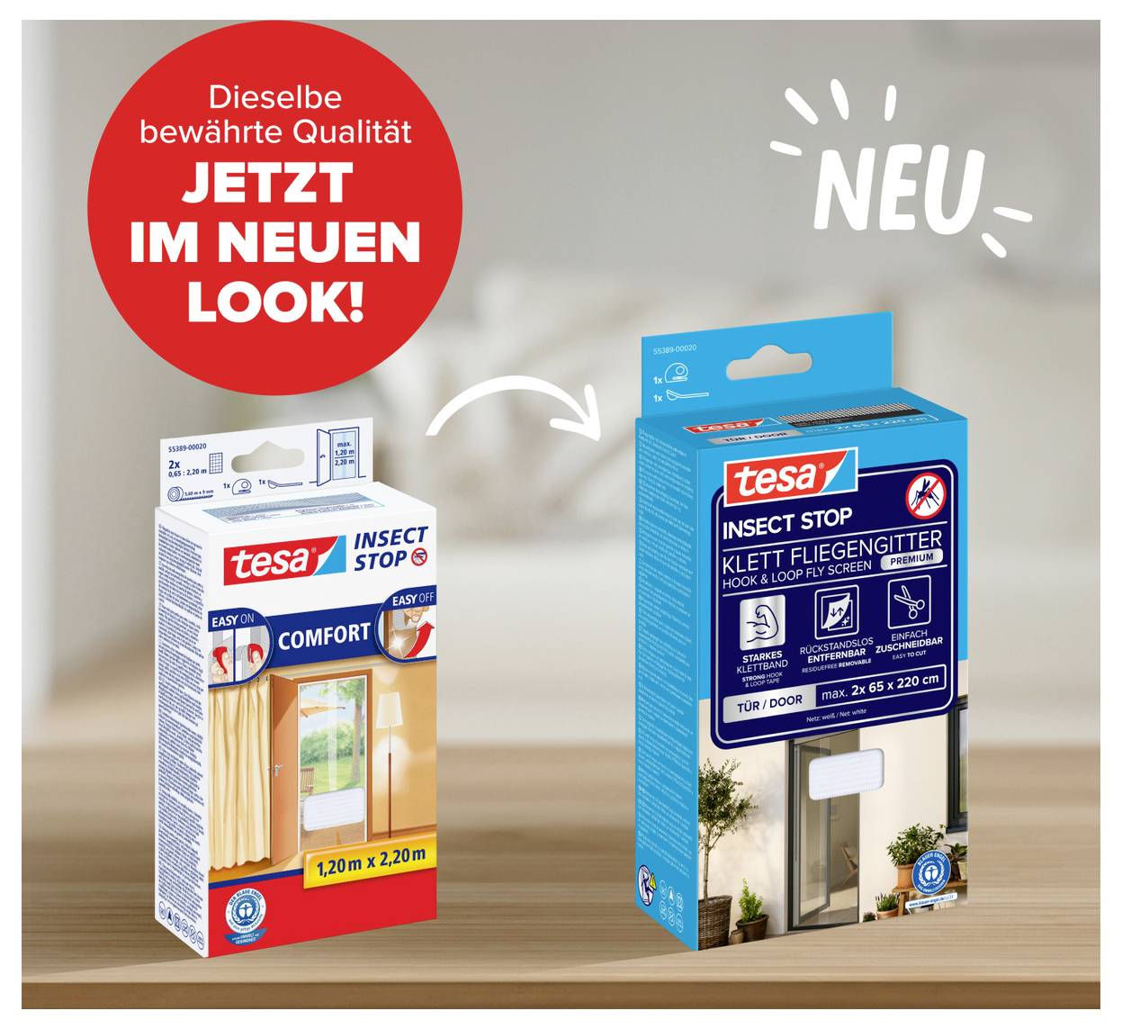 Anzeige, die ein Redesign der tesa Insektenschutz-Verpackung zeigt: alte Schachtel auf der linken Seite, neue blaue Schachtel auf der rechten Seite, mit deutschem Text „Dieselbe bewährte Qualität, JETZT IM NEUEN LOOK!