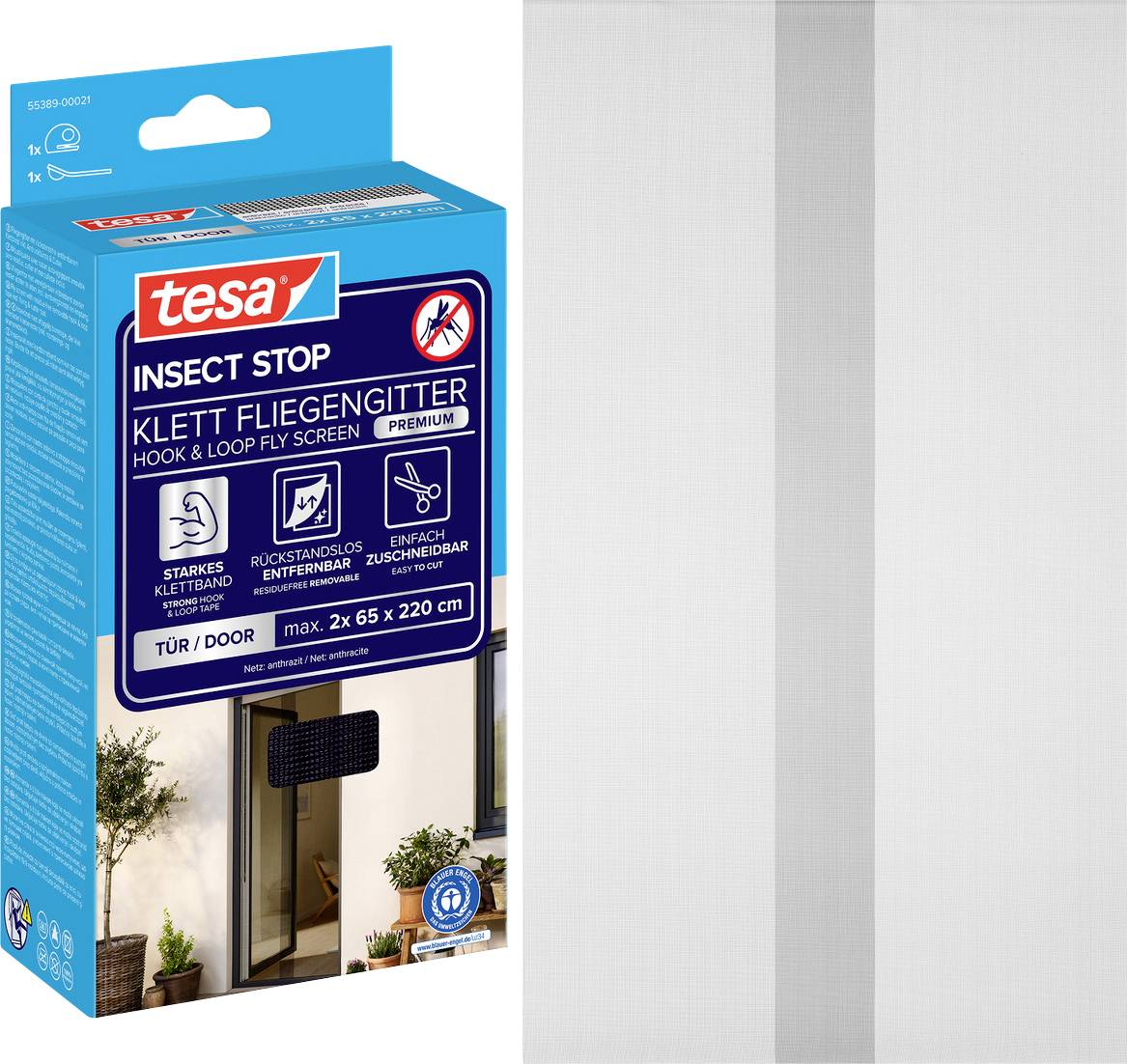 Tesa Insect Stop Klettband-Fliegengitter-Set in einer blauen Box, dargestellt neben einem weißen Maschenscreen-Panel.