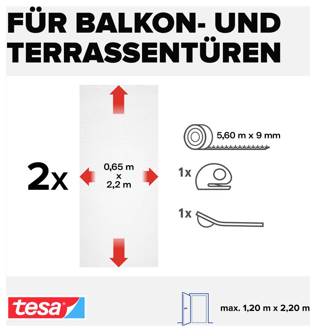 Verpackungsgrafik für Balkon- und Terrassentür-Fliegengitter: 2 Streifen, 0,65 x 2,2 m; enthält 5,60 m x 9 mm Klebeband, Rolle und Schneidewerkzeug; max. Türgröße 1,20 x 2,20 m.