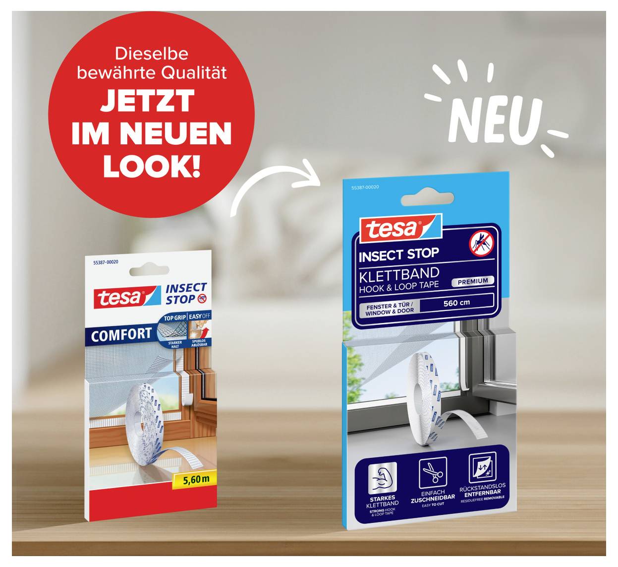 Anzeige zeigt tesa insect stop und tesa insect stop Klettband Verpackung mit „JETZT IM NEUEN LOOK!
