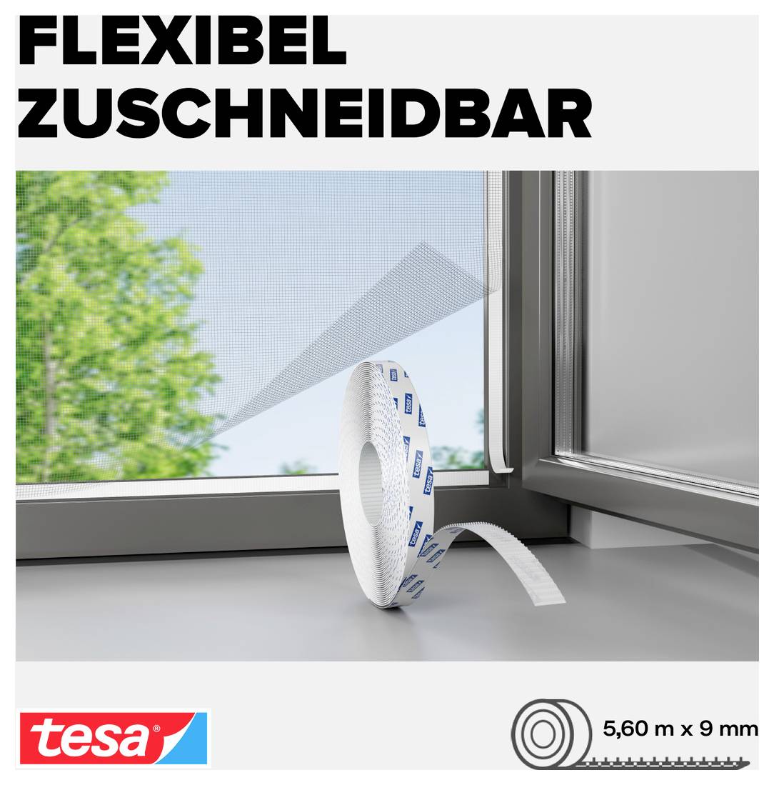 Werbung für tesa flexible Klebeband zum Zuschneiden, zeigt eine Rolle neben einem Fenster mit dem Text 'FLEXIBEL ZUSCHNEIDBAR' und der Größe '5.60 m x 9 mm'.