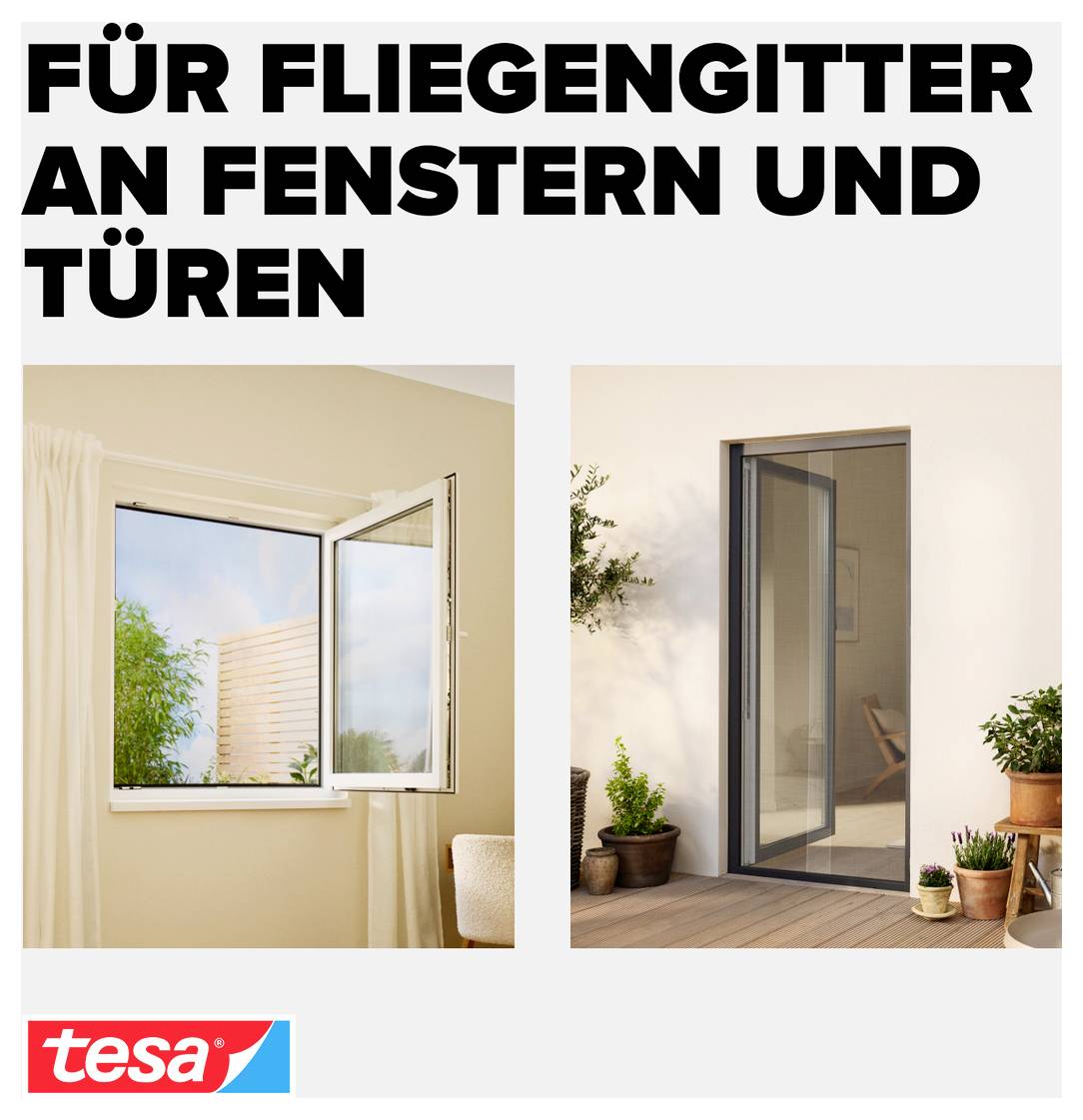 Werbung für tesa Fliegennetze für Fenster und Türen, mit offenen Fenstern und einer Schiebe-Schutzgitterür.