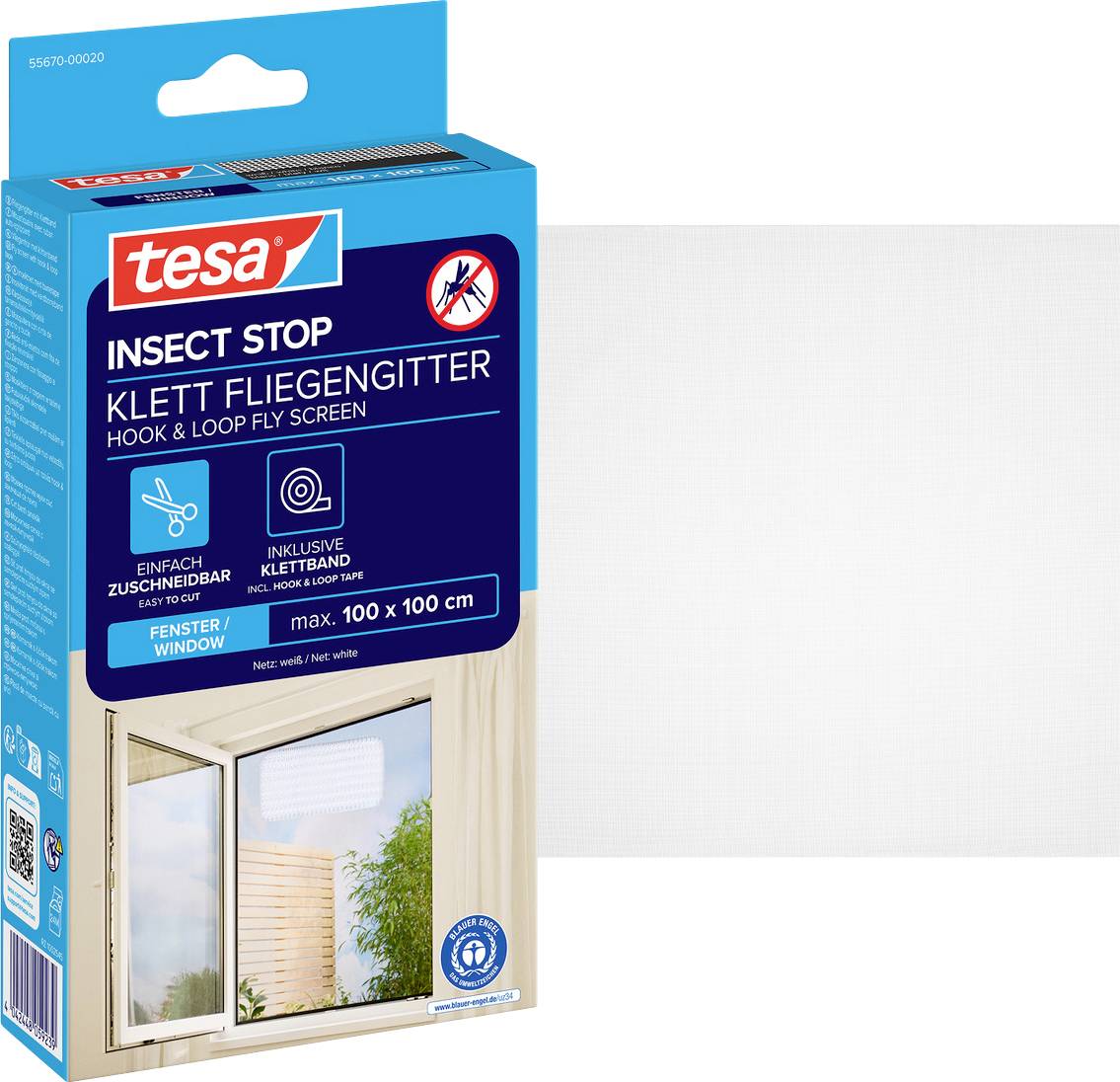 Tesa Insect Stop Klett-Fliegengitter für ein Fenster, max. 100 x 100 cm, mit Fenstergitter-Illustration und Schädlingssymbol.