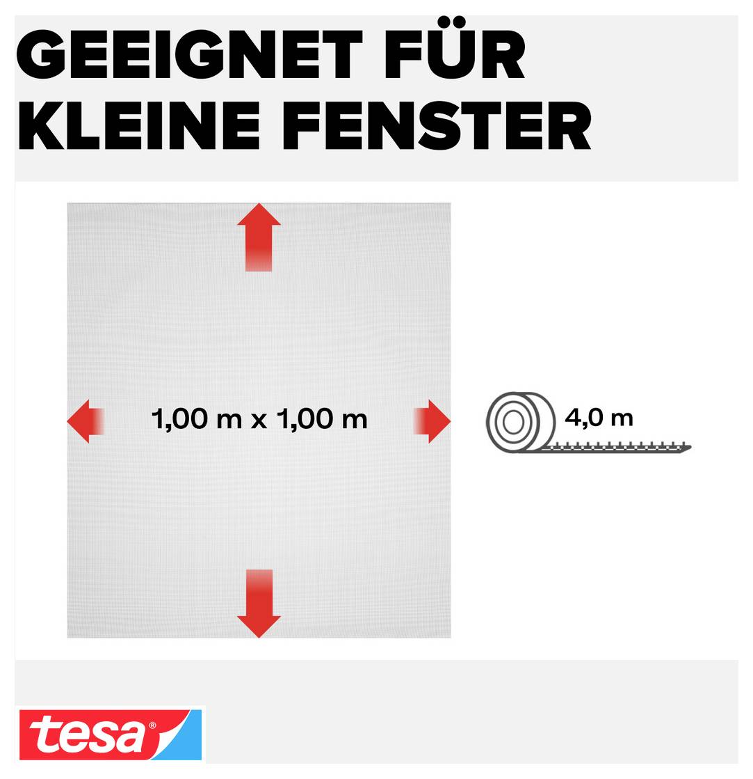 Deutsches Produktgrafik zeigt ein Fliegengitter von 1,00 m x 1,00 m, gekennzeichnet als 