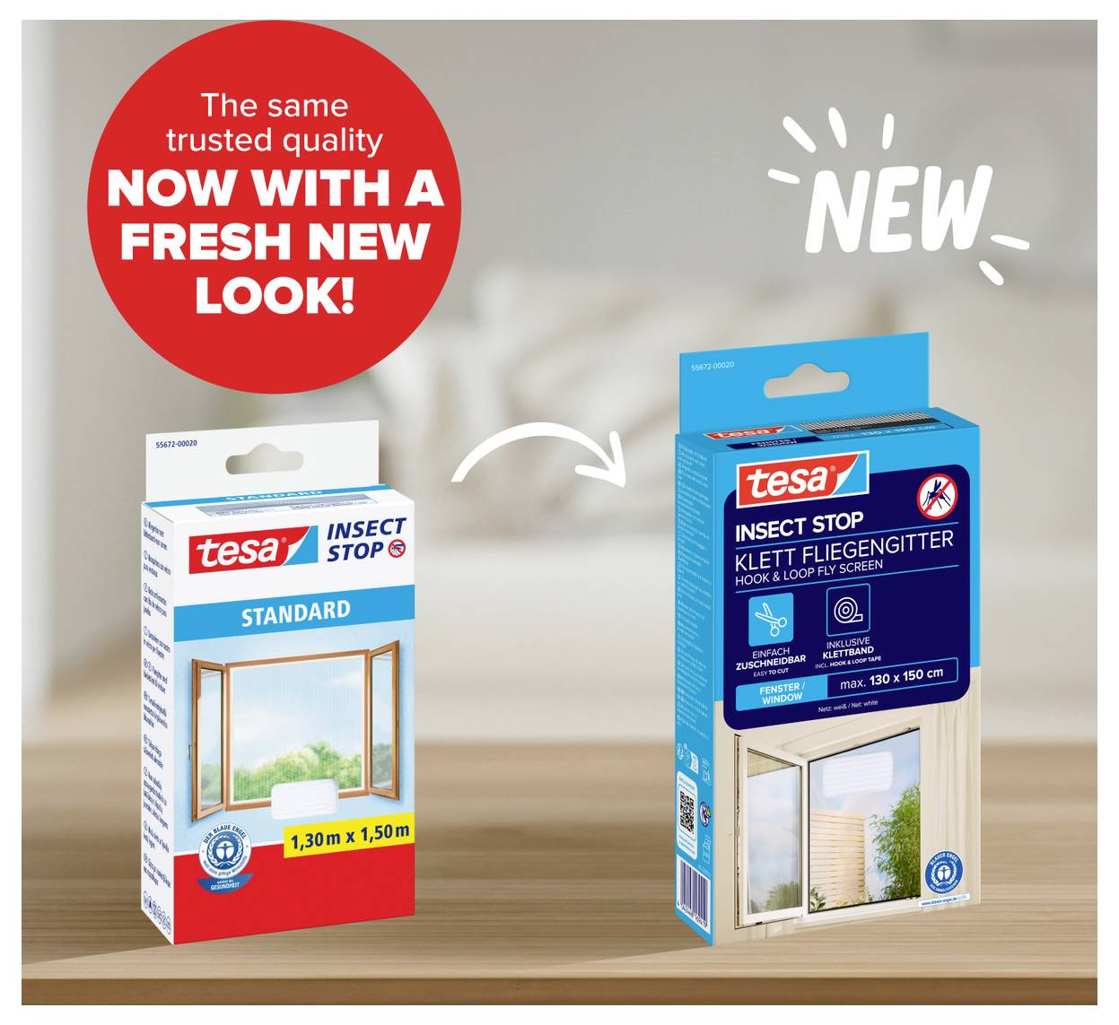 Tesa Insect Stop Verpackung in alten und neuen Designs gezeigt, mit einem Pfeil und „NEU