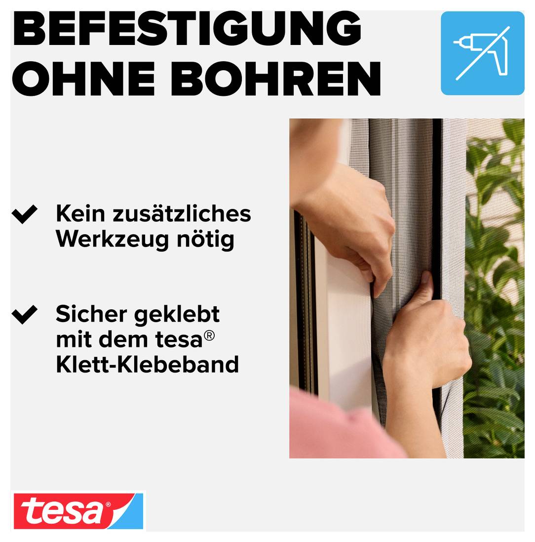 Befestigung ohne BohrenKeine zusätzlichen Werkzeuge erforderlichSicher befestigt mit tesa Klett-Klebeband