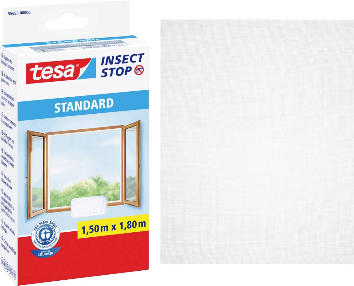 Verpackung einer Insektenschutzlösung von Tesa, zeigt ein geöffnetes Fenster mit Netz, Abmessungen: 1,50 m x 1,80 m, geeignet für Standardfenster.
