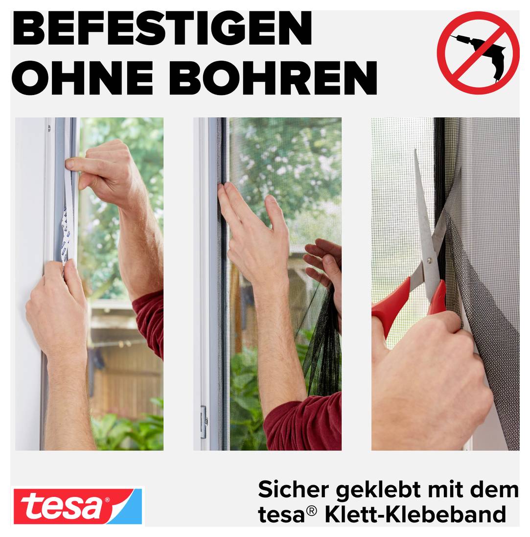 Werbung mit tesa Klett-Klebeband zur Befestigung ohne Bohren, mit Händen, die Klebeband auf einen Fensterrahmen und ein Fliegengitter aufbringen; Text sagt „BEFESTIGEN OHNE BOHREN