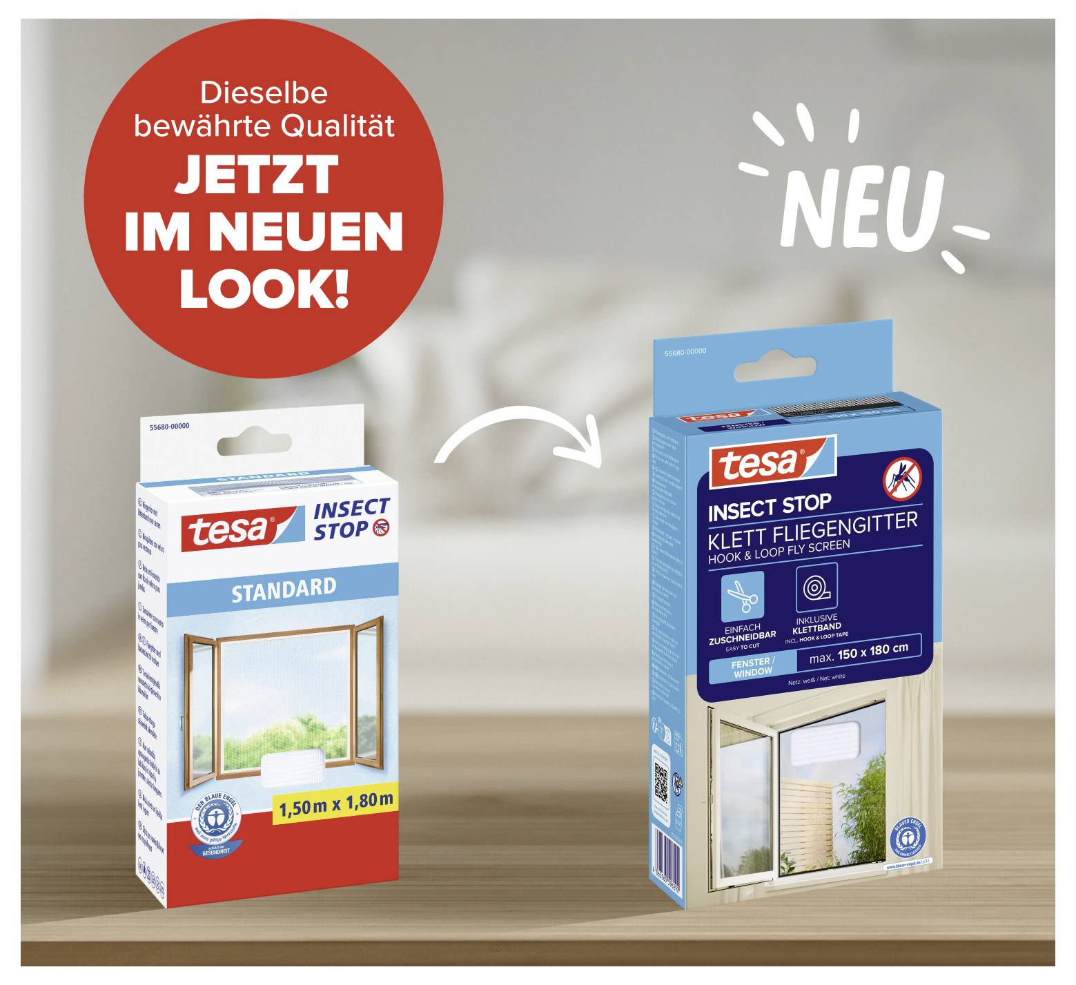 Werbeanzeige für tesa Insect Stop mit Verpackung, die sich in ein neues Design verwandelt, mit dem Text „Derselbe bewährte Qualität JETZT IM NEUEN LOOK!