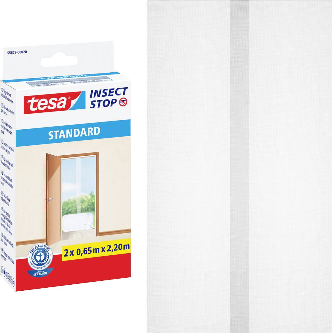 Verpackung der 'tesa Insect Stop STANDARD', zeigt ein Fliegengitter an einer Tür. Maße: 2x 0,65m x 2,20m. Geeignet für saubere Innenräume.