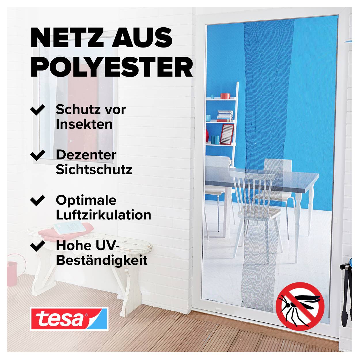Werbung für tesa Polyester-Insektenschutz mit einer Bildschirmtür und deutschen Aussagen: 'Schutz vor Insekten', 'Dezenter Sichtschutz', 'Optimale Luftzirkulation', 'Hohe UV-Beständigkeit'