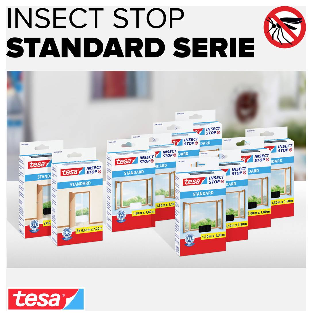 Produktabbildung für tesa 'Insect Stop Standard Serie' Insektenschutzgitter, mit mehreren angezeigten Paketgrößen und einem Mückenschutz-Symbol.