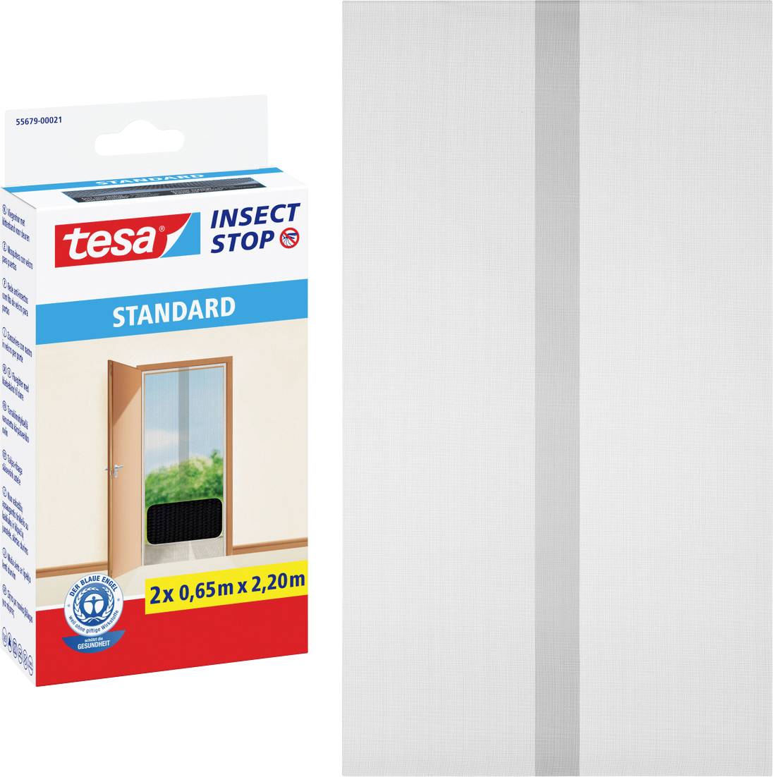 Tesa Insect Stop Standardpaket mit zwei weißen Fliegengittern für Türen, Größe 2 x 0,65 m x 2,20 m, neben der Produktverpackung abgebildet.