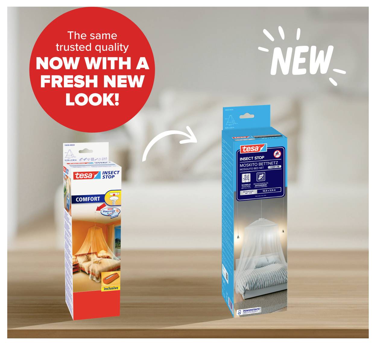 Werbegrafik mit altem und neuem Tesa Insektenstopp-Verpackungsdesign; Text 'Now with a fresh new look!' und 'New' zeigt das Redesign.