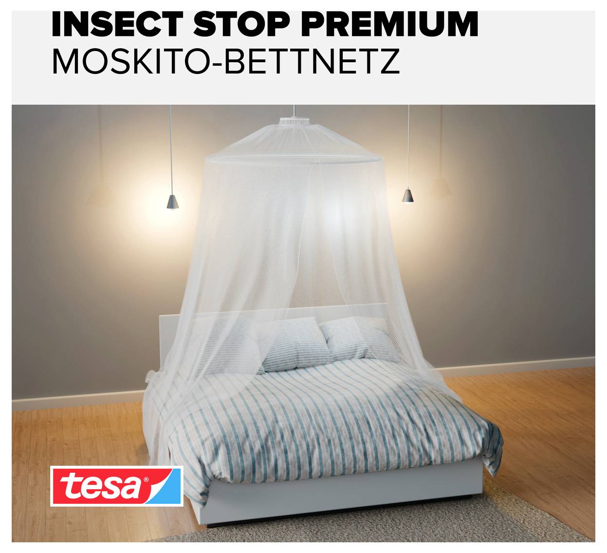 Werbebild für 'INSECT STOP PREMIUM MOSKITO-BETTNETZ' von tesa: Ein Bett ist mit einem feinen Insektenschutznetz umhüllt.