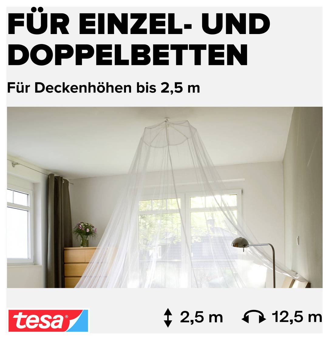 Werbebild für ein Moskitonetz über Einzel- und Doppelbetten; geeignet für Deckenhöhen bis 2,5 m, Spannweite 12,5 m.