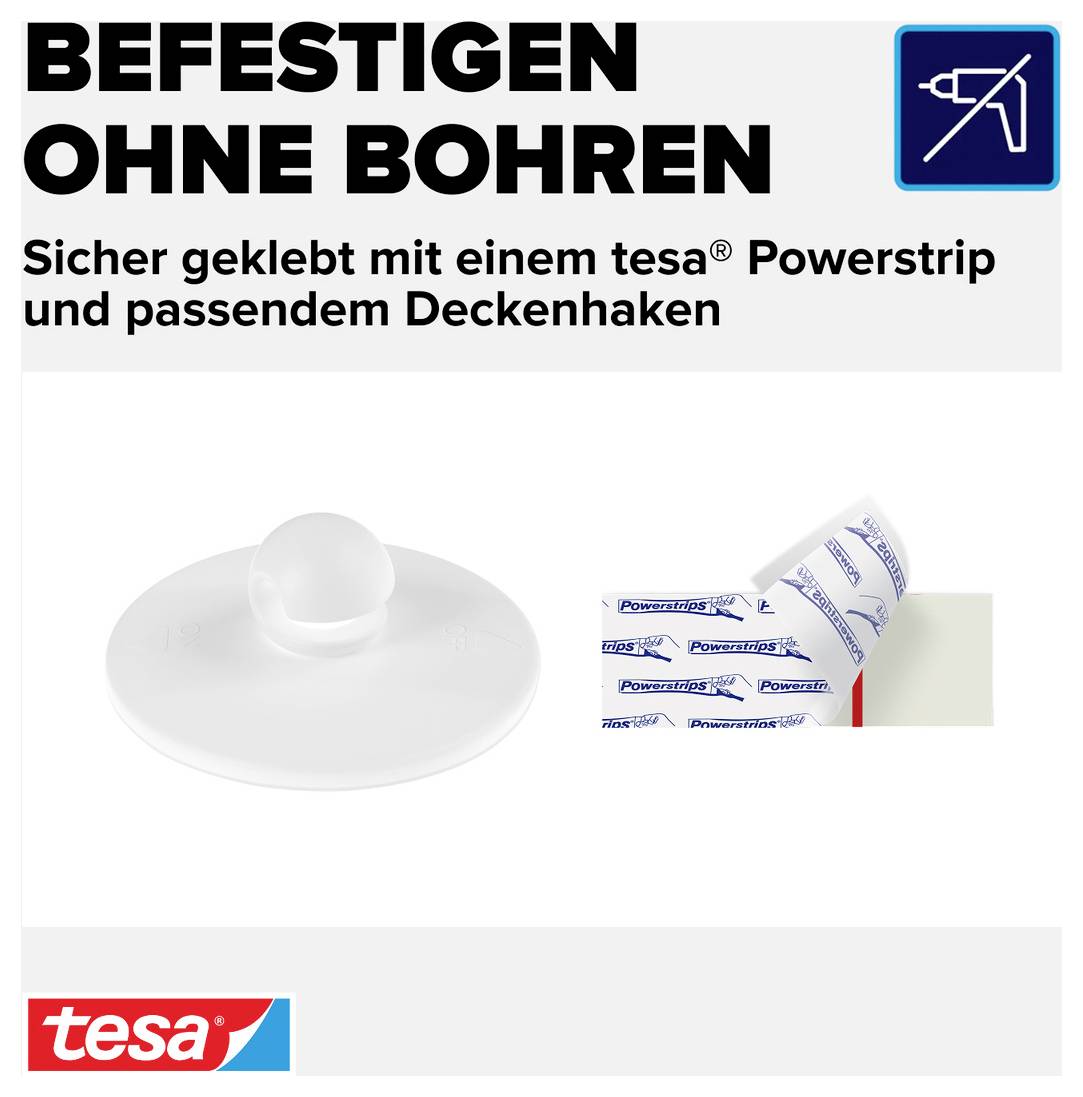 Werbung: Deckenhaken von tesa Powerstrips, befestigt ohne Bohren; Text 'Befestigen ohne Bohren' und 'Sicher geklebt' sowie tesa-Logo.
