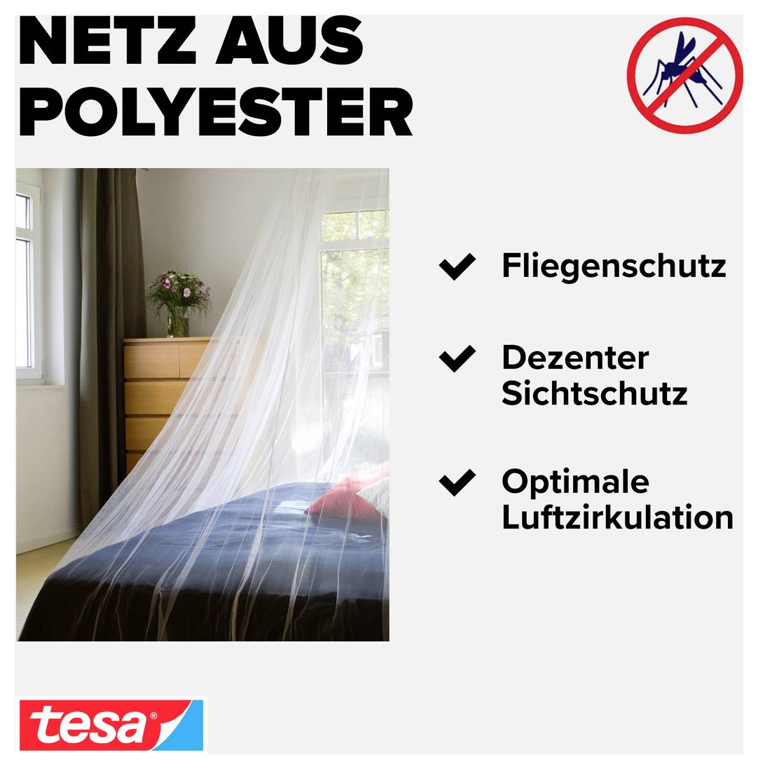 Werbeanzeige für ein Netz aus Polyester als Insektenschutz am Bett; nennt Fliegenschutz, dezenten Sichtschutz und optimale Luftzirkulation.
