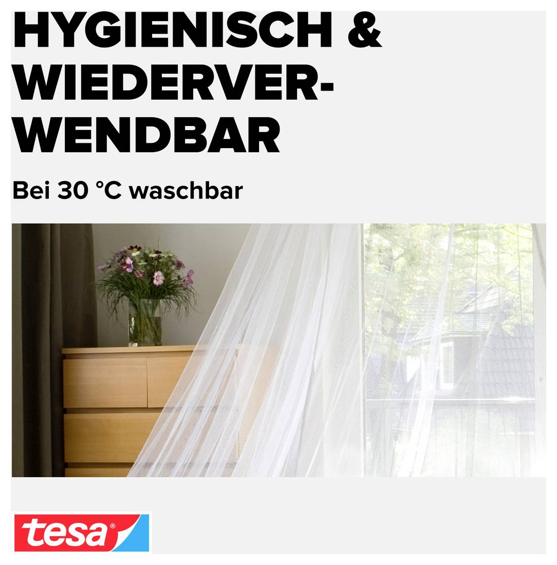 Werbeabbildung mit Moskitonetz und Text 'HYGIENISCH & WIEDERVERWENDBAR' sowie 'Bei 30 °C waschbar'; tesa-Logo unten links.