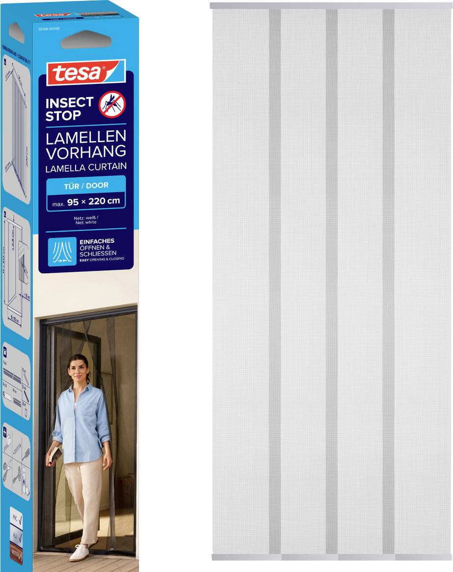 Produktbild eines tesa Insect Stop Lamellengitter-Vorhang für eine Tür, dargestellt in blauer Verpackung neben dem Vorhangpaneel mit weißem vertikalem Streifengitter.