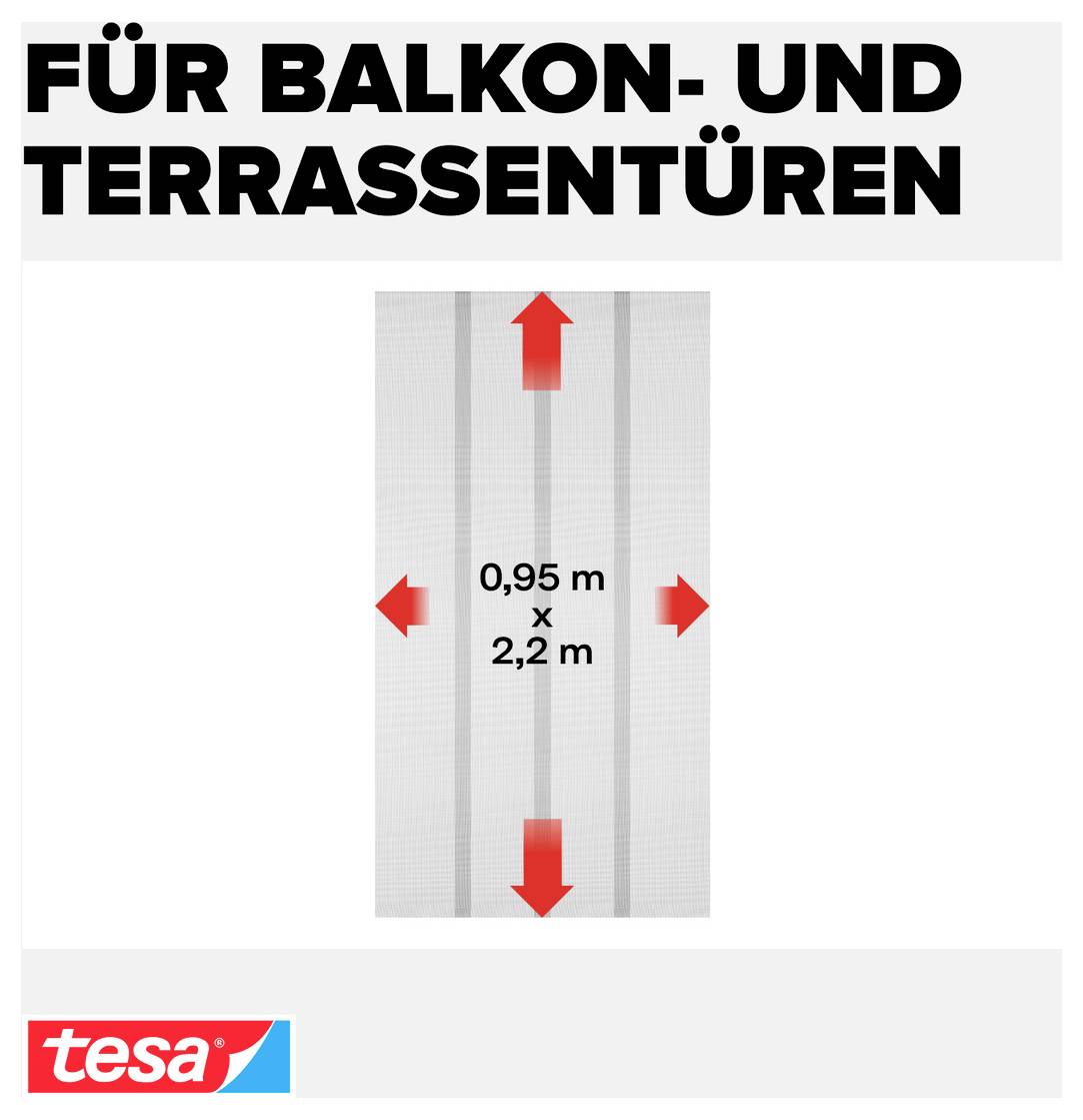 Klebestreifen für Balkon- und Terrassentüren, dargestellt als 0,95 m x 2,2 m Platte mit Pfeilen, die die Passform anzeigen; tesa-Logo unten.