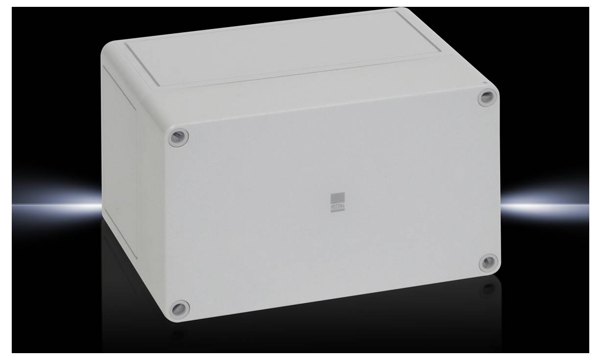 Graues Kunststoffgehäuse auf schwarzem Hintergrund. Rechteckige Form mit abgerundeten Ecken und vier sichtbaren Schrauben an den Ecken.
