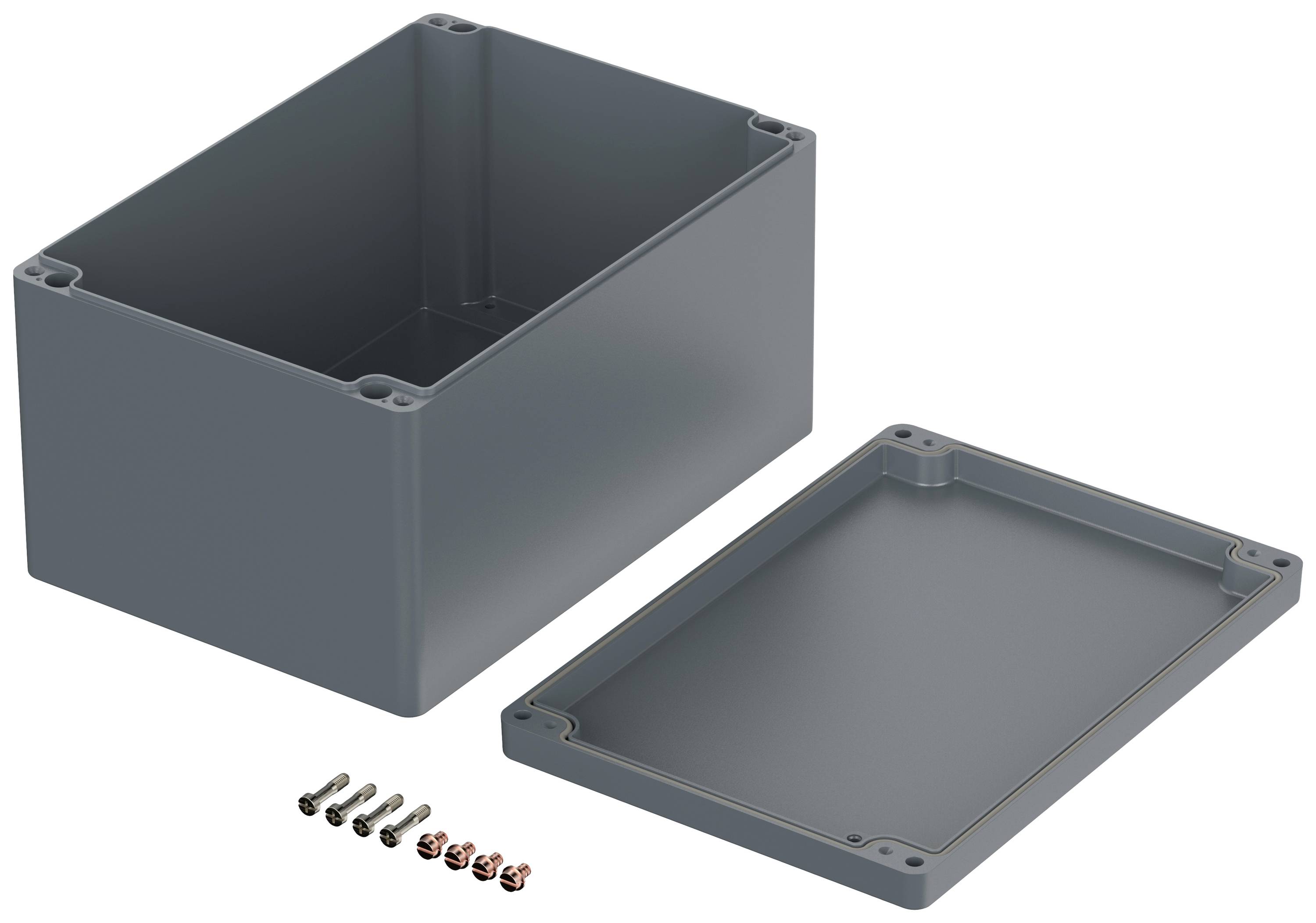 Graues rechteckiges Gehäuse mit abnehmbarem Deckel, daneben Schrauben. Geeignet zur sicheren Aufnahme von elektronischen Bauteilen.