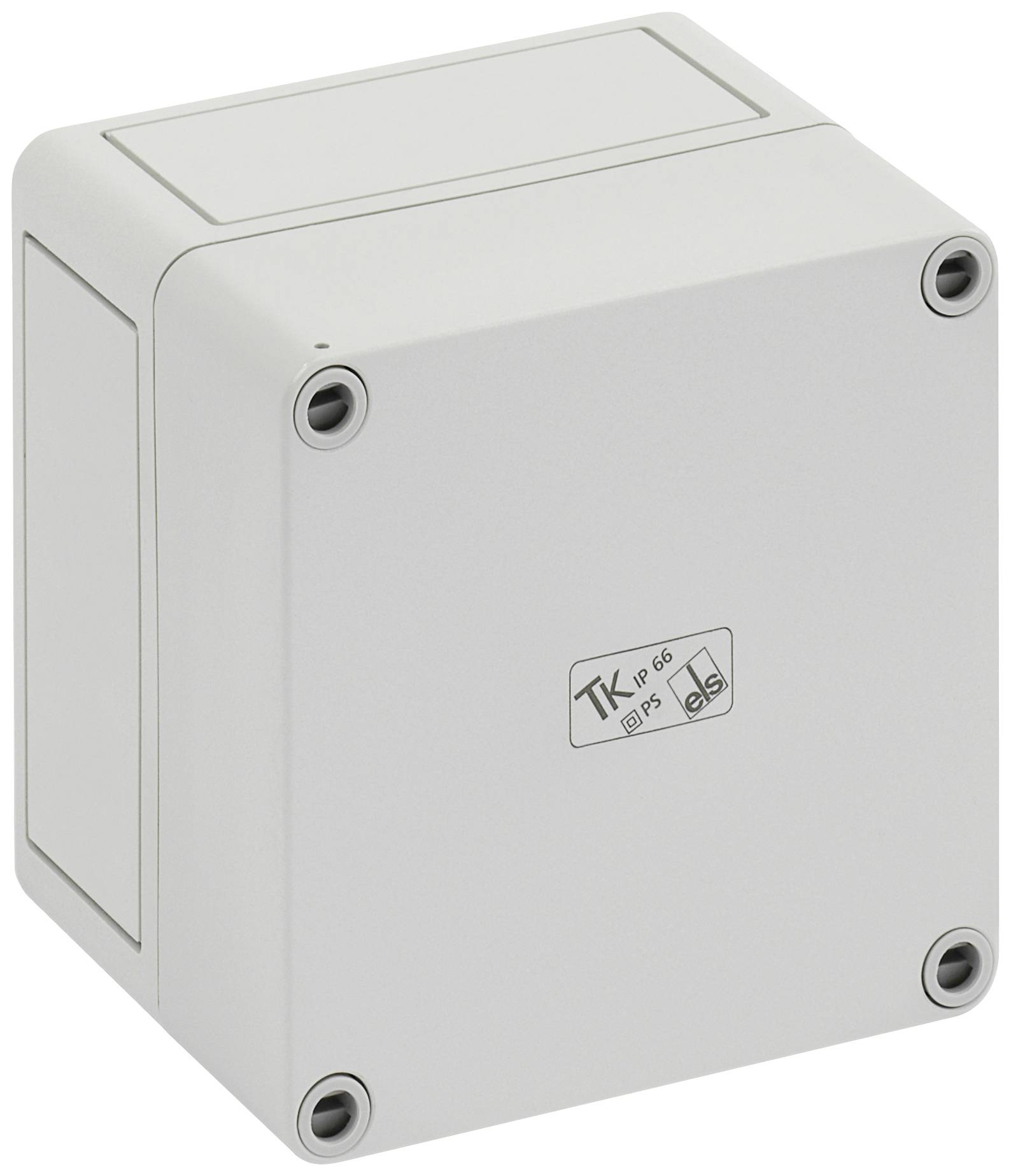 Eine graue, quadratische Elektroanschlussdose mit der Kennzeichnung 'TK' und IP66 Spezifikation, geeignet für Außenanwendungen.