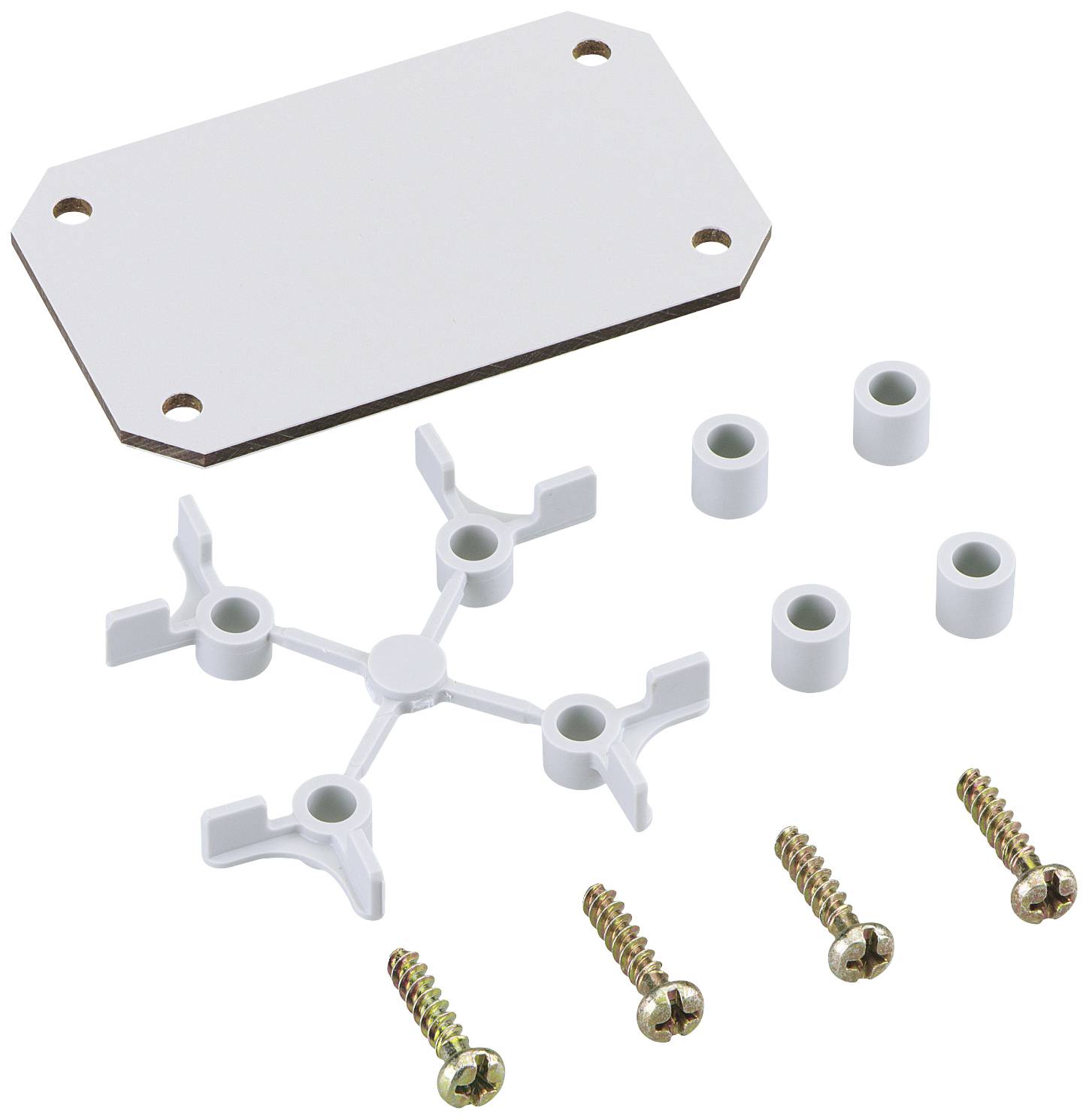 Metallplatte und Kunststoffmontageteile mit vier Schrauben. Die Teile scheinen zur Befestigung oder Montage zu dienen.