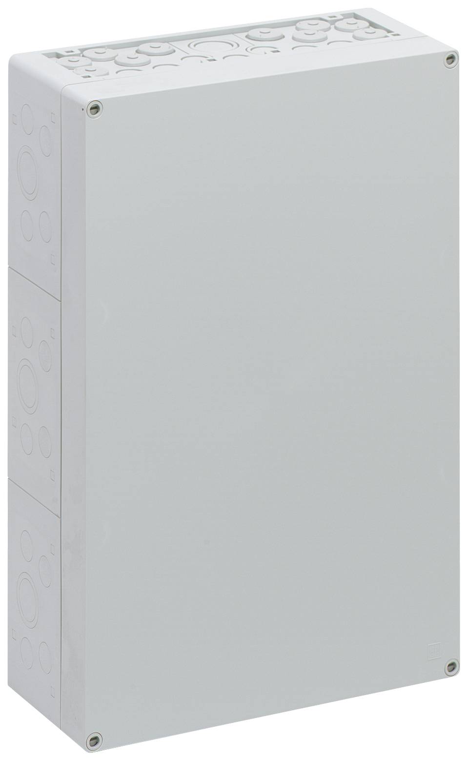 Eine rechteckige graue elektrische Anschlussdose mit abgerundeten Ecken und mehreren Perforationen an den Seiten für Kabeldurchführungen.